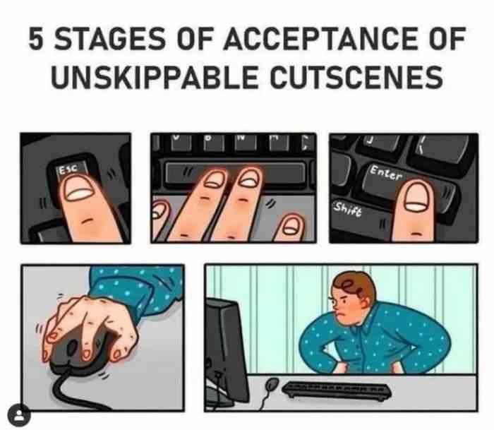 5 Stages of Acceptance of unskippable cutscenes