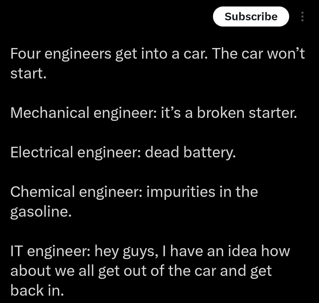 Four Engineers get into a car the car won't start