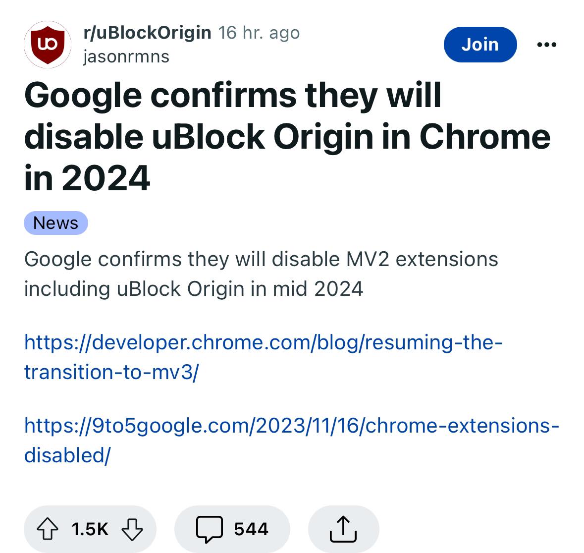 Google confirms they will disable uBlock Origin in Chrome in 2024 