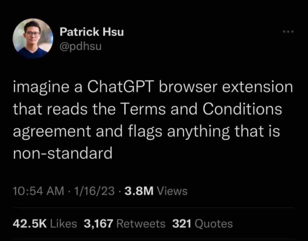 Imagine a ChatGPT browser extension that reads the Terms and conditions