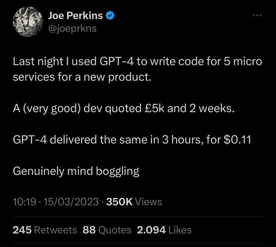Last night i used GPT-4 to write code for 5 micro services for a new product